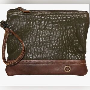 Myra Bag Leather Wristlet Clutch - Olive Green and Brown